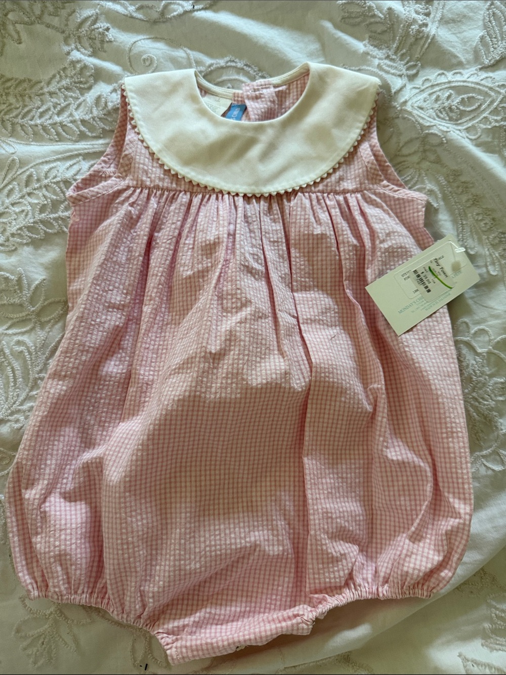Pink Gingham Bubble Romper with White Peter Pan Collar